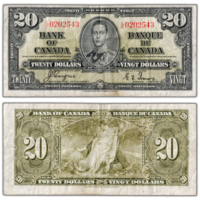 $20 1937 Bank of Canada Note Coyne-Towers L/E Prefix BC-26c - F/VF