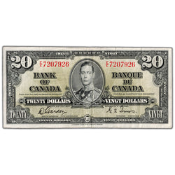 $20 1937 Bank of Canada Note Gordon-Towers E/E Prefix BC-26b - VF (tear)