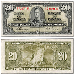 $20 1937 Bank of Canada Note Gordon-Towers E/E Prefix BC-26b - VF (tear)