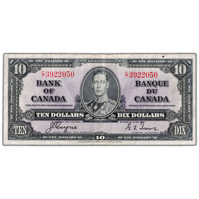 SOLD $10 1937 Bank of Canada Note Coyne-Towers C/T Prefix BC-24c - VF
