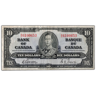 SOLD $10 1937 Bank of Canada Note Gordon-Towers S/D Prefix BC-24b - VF (tear)