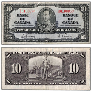 SOLD $10 1937 Bank of Canada Note Gordon-Towers S/D Prefix BC-24b - VF (tear)