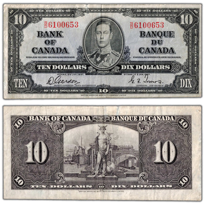 SOLD $10 1937 Bank of Canada Note Gordon-Towers S/D Prefix BC-24b - VF (tear)