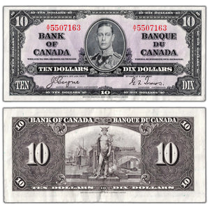 SOLD $10 1937 Bank of Canada Note Coyne-Towers A/T Prefix BC-24c - About EF