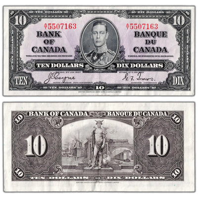 SOLD $10 1937 Bank of Canada Note Coyne-Towers A/T Prefix BC-24c - About EF