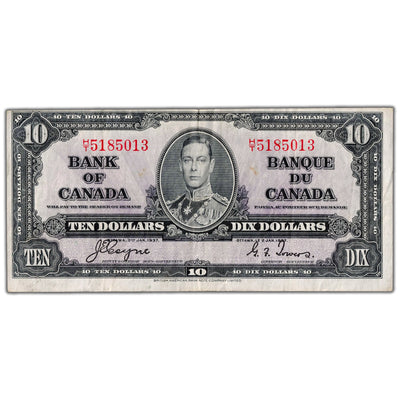 SOLD $10 1937 Bank of Canada Note Coyne-Towers H/T Prefix BC-24c - VF