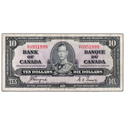 SOLD $10 1937 Bank of Canada Note Coyne-Towers D/T Prefix BC-24c - VF