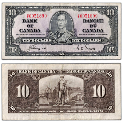 SOLD $10 1937 Bank of Canada Note Coyne-Towers D/T Prefix BC-24c - VF