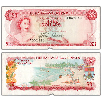Bahamas 1965 $3 Three Dollars Note P #19a - Missing Piece