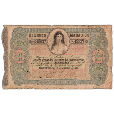 Uruguay El Banco Maua & Cia 1871 20 Pesos Note P #S292 - Internal Tears