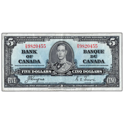 $5 1937 Bank of Canada Note Coyne-Towers D/S Prefix BC-23c - VF