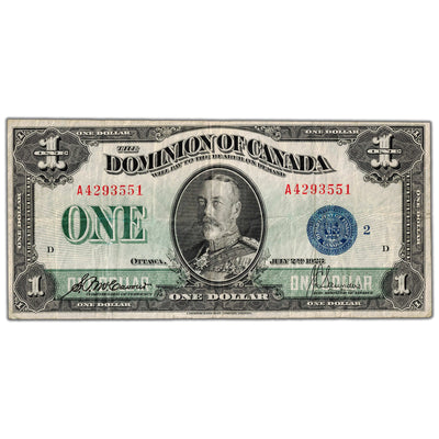 $1 1923 Dominion of Canada Note Blue Seal Series A DC-25h - VF
