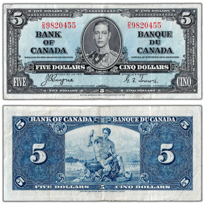$5 1937 Bank of Canada Note Coyne-Towers D/S Prefix BC-23c - VF