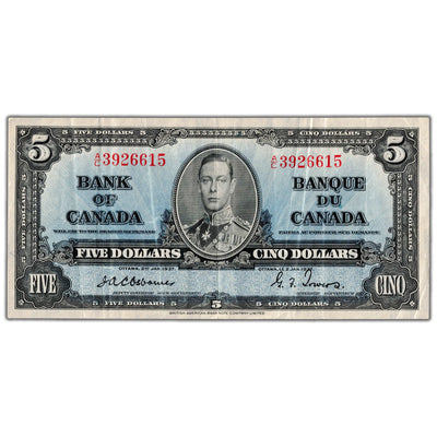 $5 1937 Bank of Canada Note Osborne Signature A/C Prefix BC-23a - VF