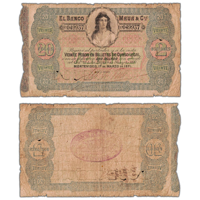 Uruguay El Banco Maua & Cia 1871 20 Pesos Note P #S292 - Internal Tears