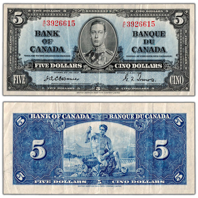 $5 1937 Bank of Canada Note Osborne Signature A/C Prefix BC-23a - VF