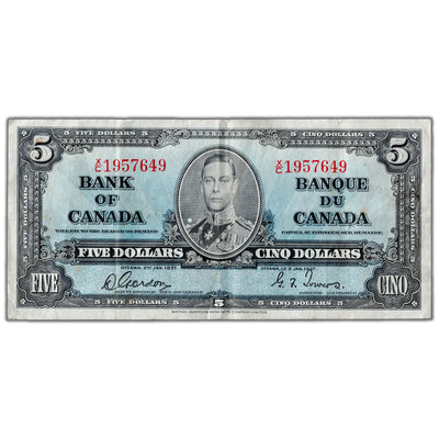 $5 1937 Bank of Canada Note Gordon-Towers X/C Changeover Prefix BC-23b - VF