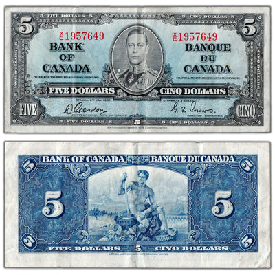 $5 1937 Bank of Canada Note Gordon-Towers X/C Changeover Prefix BC-23b - VF