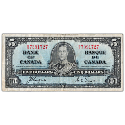 $5 1937 Bank of Canada Note Coyne-Towers B/S Prefix BC-23c - F/VF