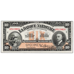 $10 1922 La Banque Nationale Canada Chartered Specimen Note #510-22-04s - UNC