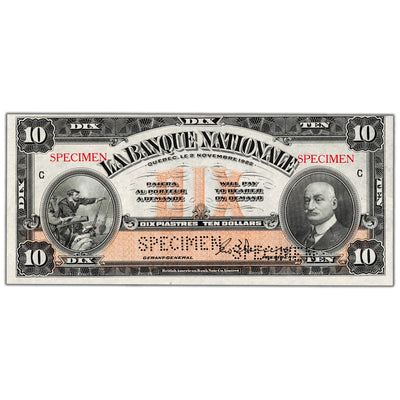 $10 1922 La Banque Nationale Canada Chartered Specimen Note #510-22-04s - UNC