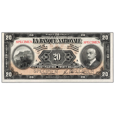SOLD $20 1922 La Banque Nationale Canada Chartered Specimen Note #510-22-06s - Minor Pinholes