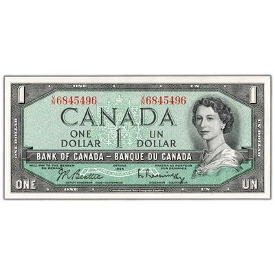$1 1954 Bank of Canada Note Beattie-Rasminsky V/N Prefix BC-37b - AU-58