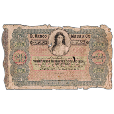 Uruguay El Banco Maua &amp; Cia 1871 20 Pesos Note P #S292 - Filler&nbsp;