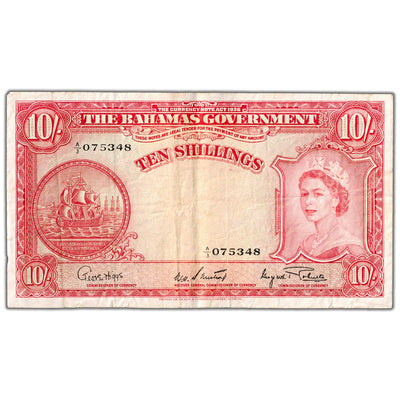 Bahamas ND (1953) 10 Ten Shillings Note P #14d - F/VF