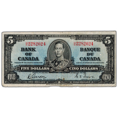 $5 1937 Bank of Canada Note Gordon-Towers H/C Prefix BC-23b - Fine