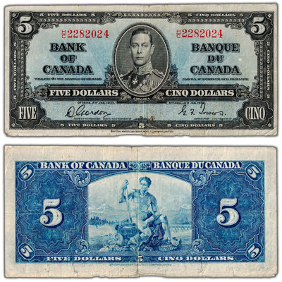 $5 1937 Bank of Canada Note Gordon-Towers H/C Prefix BC-23b - Fine