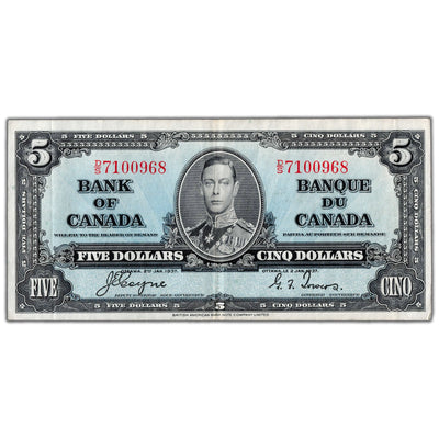 $5 1937 Bank of Canada Note Coyne-Towers D/S Prefix BC-23c - VF/EF (small hole)