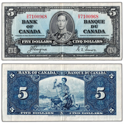 $5 1937 Bank of Canada Note Coyne-Towers D/S Prefix BC-23c - VF/EF (small hole)