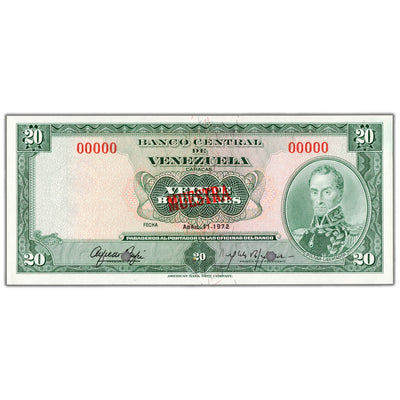Venezuela 1972 20 Bolivares Specimen Note P #52s - Uncirculated