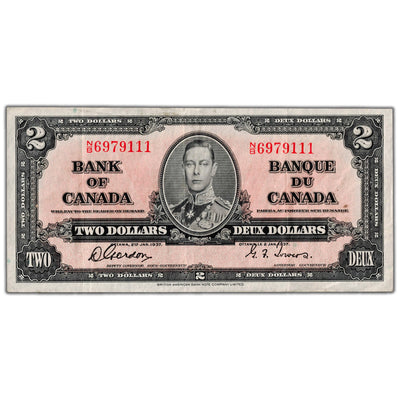 $2 1937 Bank of Canada Note Gordon-Towers N/B Prefix BC-22b - VF/EF