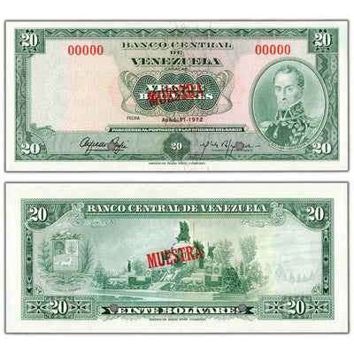 Venezuela 1972 20 Bolivares Specimen Note P #52s - Uncirculated