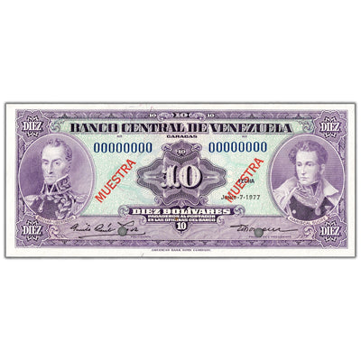 Venezuela 1977 10 Bolivares Specimen Note P #51s3 - Uncirculated