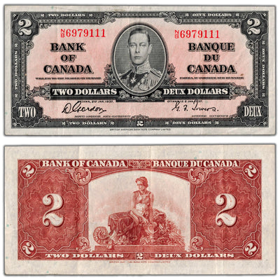 $2 1937 Bank of Canada Note Gordon-Towers N/B Prefix BC-22b - VF/EF