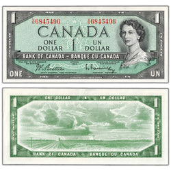 SOLD $1 1954 Bank of Canada Note Beattie-Rasminsky V/N Prefix BC-37b - AU-58