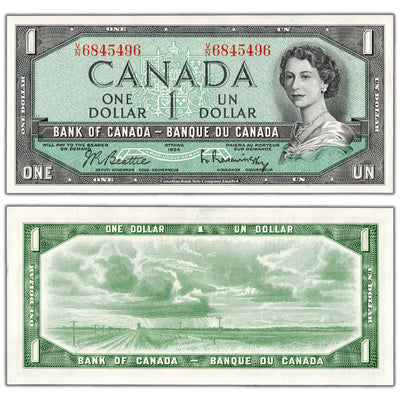 $1 1954 Bank of Canada Note Beattie-Rasminsky V/N Prefix BC-37b - AU-58