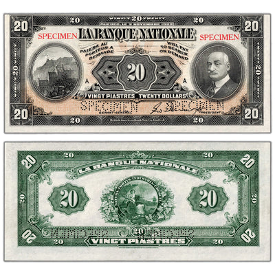 SOLD $20 1922 La Banque Nationale Canada Chartered Specimen Note #510-22-06s - Minor Pinholes