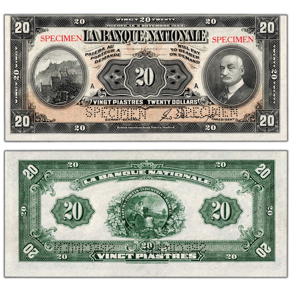 SOLD $20 1922 La Banque Nationale Canada Chartered Specimen Note #510 ...