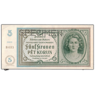 SOLD Bohemia & Moravia ND (1940) 5 Five Korun Specimen Note P #4s - Tape