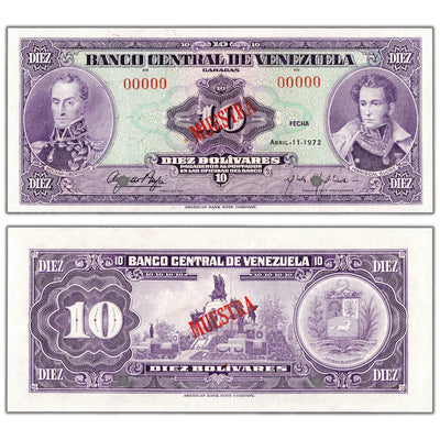 Venezuela 1972 10 Bolivares Specimen Note P #51s1 - Uncirculated&nbsp;