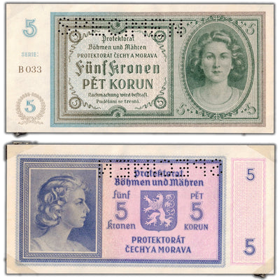 SOLD Bohemia & Moravia ND (1940) 5 Five Korun Specimen Note P #4s - Tape