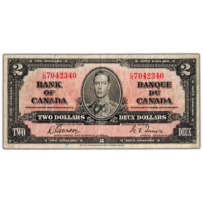SOLD $2 1937 Bank of Canada Note Gordon-Towers C/B Prefix BC-22b - VG/F