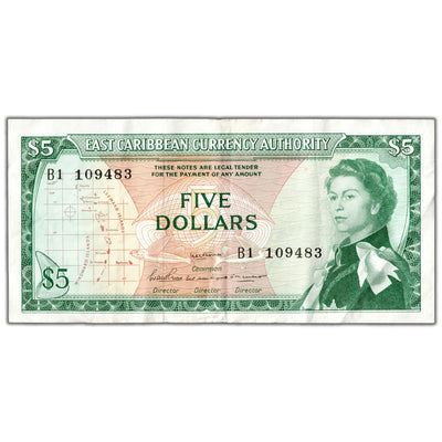 SOLD East Caribbean States ND (1965) $5 Five Dollars Note P #14b - VF+