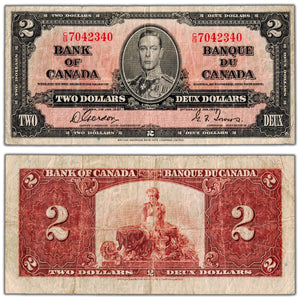 SOLD $2 1937 Bank of Canada Note Gordon-Towers C/B Prefix BC-22b - VG/F