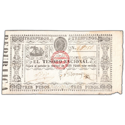 Paraguay El Tesoro Nacional 1868 3 Pesos Note P #31