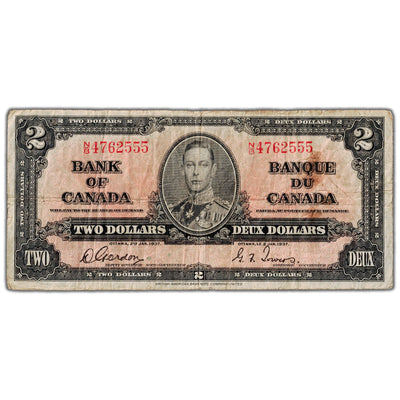 $2 1937 Bank of Canada Note Gordon-Towers N/B Prefix BC-22b - VG/F